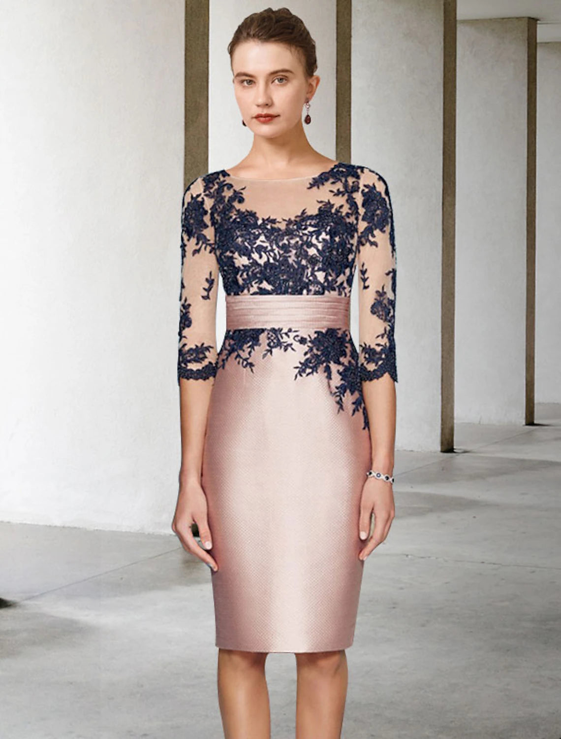 Wholesale  Two Piece Sheath / Column Mother of the Bride Dress Wedding Guest Church Elegant Jewel Neck Knee Length Satin Lace 3/4 Length Sleeve Short Jacket Dresses with Appliques